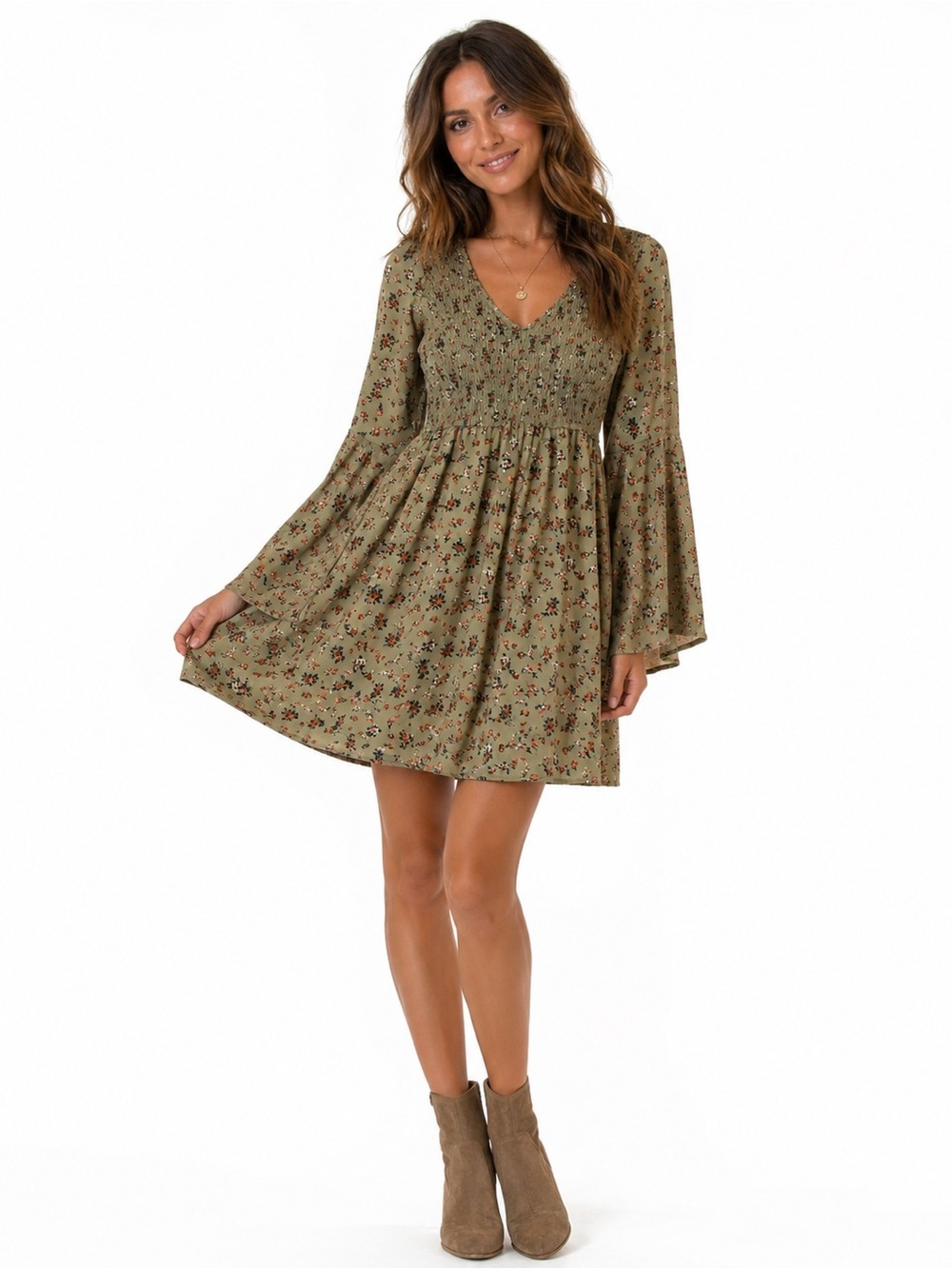 Altar'd State Olive Floral Print Smocked V-Neck Mini Dress Sz M Bell Sleeves